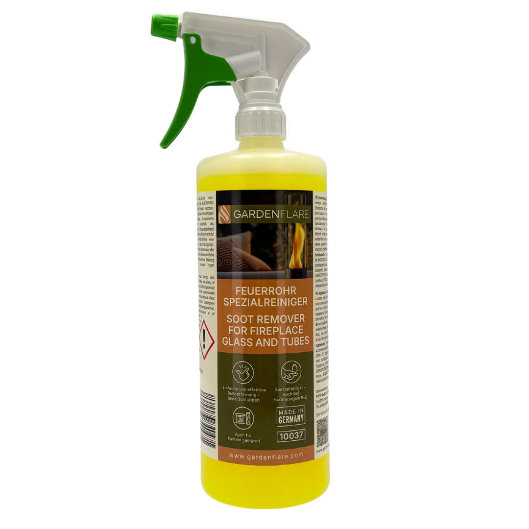 Gardenflare Feuerrohr Spezialreiniger in Sprühflasche – Ruß- und Schmutzentferner für Kaminglas und Glasrohre.