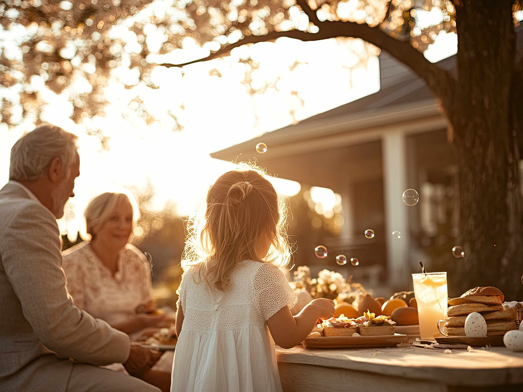 Child enjoying Easter brunch outdoors with grandparents in warm spring sunlight.