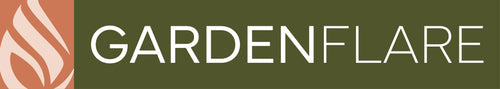 GARDENFLARE Logo mit stilisiertem Flammen-Icon links und olivgrünem Hintergrund rechts und darauf Schrift in weiß.