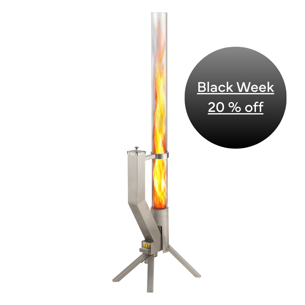 Silbernes Feuerrohr aus Edelstahl mit Flamme im Glaszylinder, daneben ein schwarzer Kreis mit „Black Week – 20 % off“.