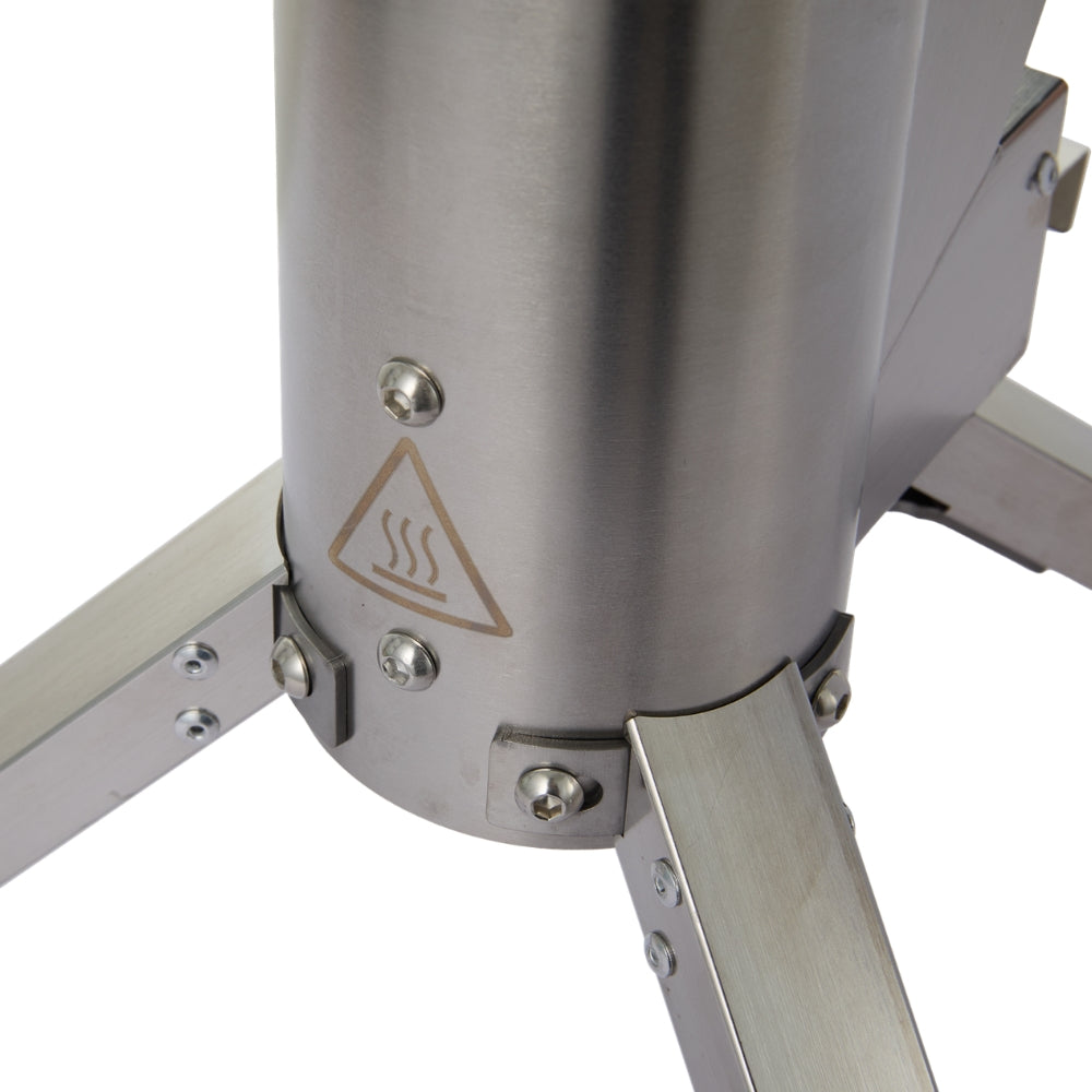 Gardenflare Klassik Feuerrohr Edelstahl, Detailaufnahme Brennkammer und Standfuß, weißer Hintergrund