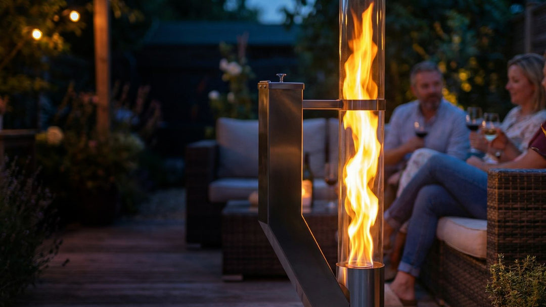 Gardenflare Klassik Feuerrohr in Silber auf Terrasse mit sichtbarer Flamme und entspanntem Abendambiente.