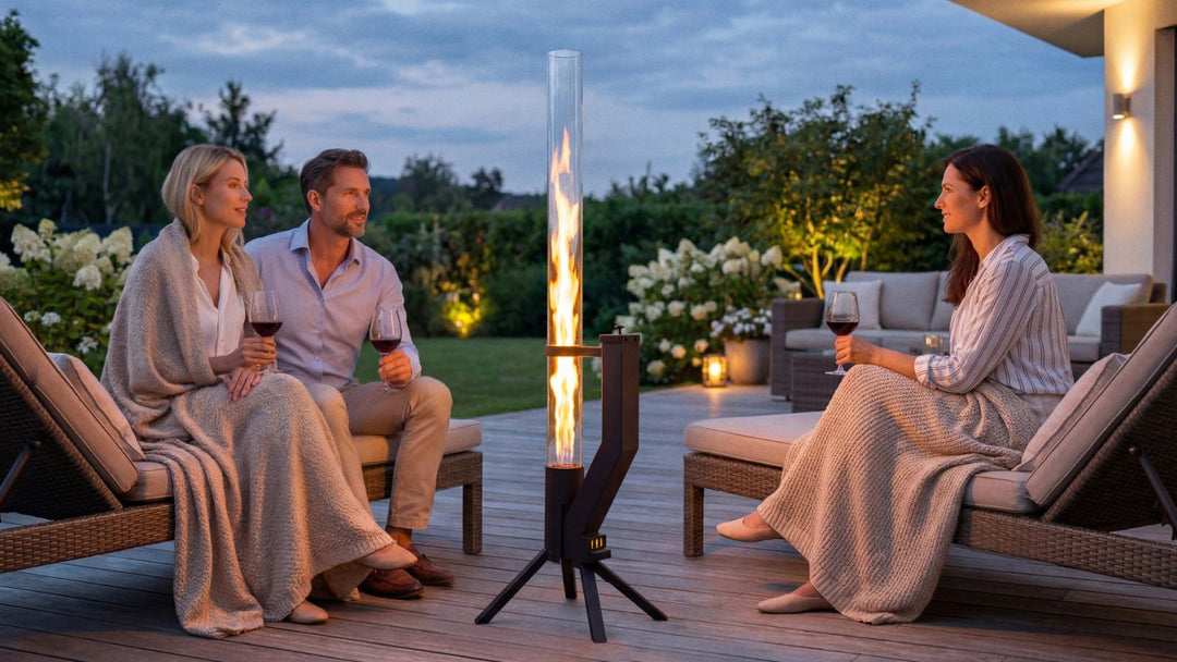Gardenflare Klassik Feuerrohr in Schwarz auf Terrasse mit sichtbarer Flamme und drei Personen bei Abendstimmung