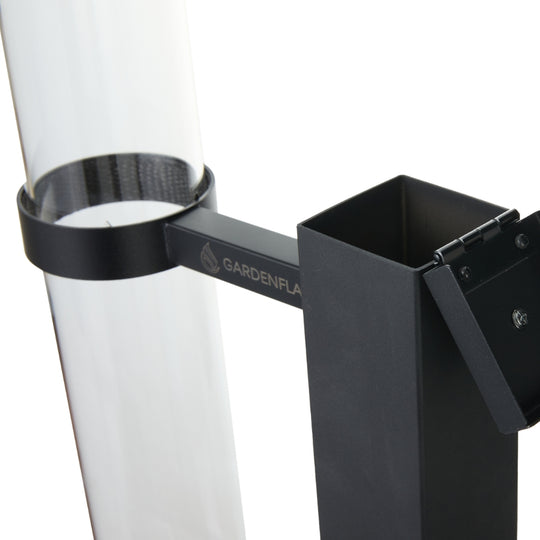 Gardenflare Classic fire tube black, close-up of holder and pellet chute, white background