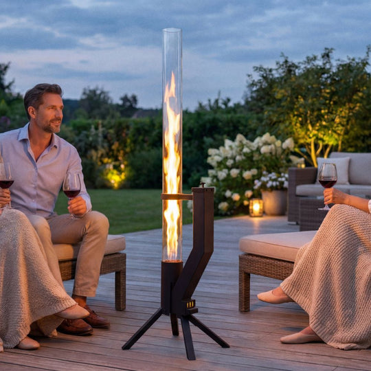 Gardenflare Klassik Feuerrohr Edelstahl schwarz auf einer Terrasse mit Personen bei Abendstimmung
