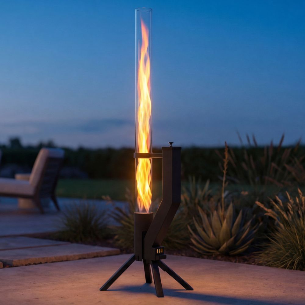 Gardenflare Klassik Feuerrohr Edelstahl schwarz auf einer Veranda bei Dämmerung