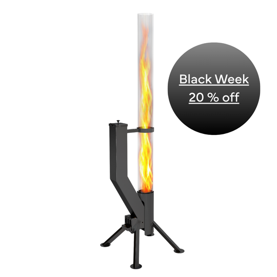 Premium Feuerrohr mit schwarzem Gehäuse und einer Flamme im Glaszylinder, daneben ein schwarzer Kreis mit „Black Week – 20 % off“.