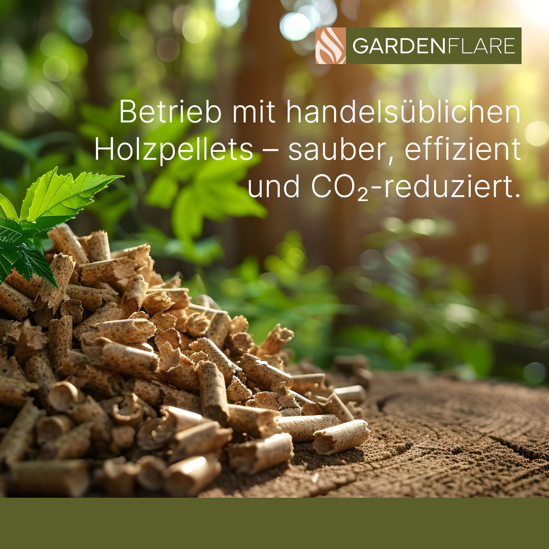 Holzpellets – sauber, effizient und CO₂-reduziert. Nachhaltiger Brennstoff für Feuerrohre der Marke Gardenflare.
