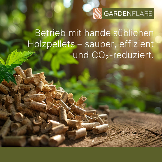 Holzpellets – sauber, effizient und CO₂-reduziert. Nachhaltiger Brennstoff für Feuerrohre der Marke Gardenflare.