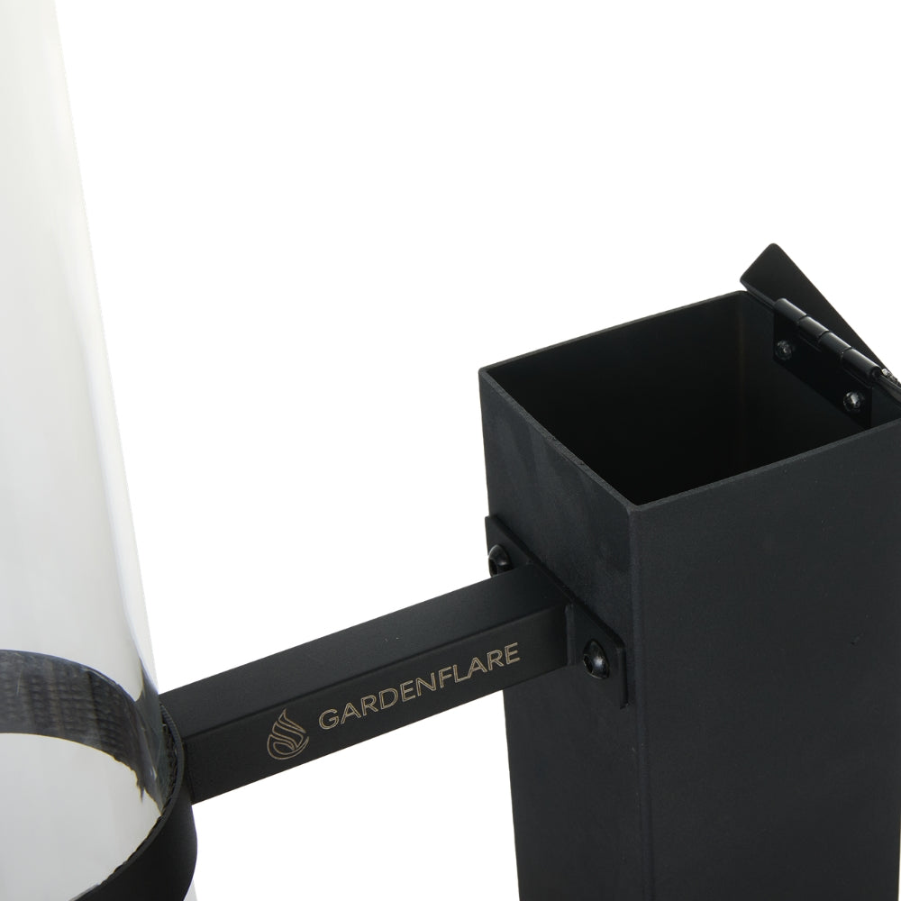 Gardenflare Premium fire tube black, close-up of holder and filler opening, white background