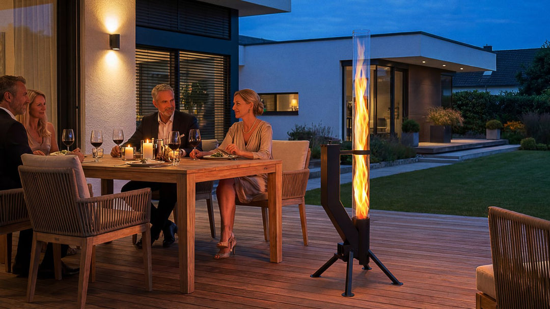 Gardenflare Premium Feuerrohr in Schwarz auf Terrasse mit sichtbarer Flamme und geselligem Abendessen im Außenbereich