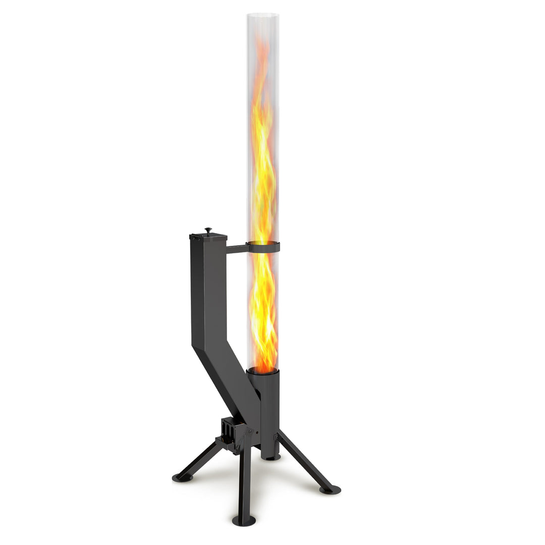 Gardenflare Premium Feuerrohr schwarz aus Edelstahl mit Flamme.