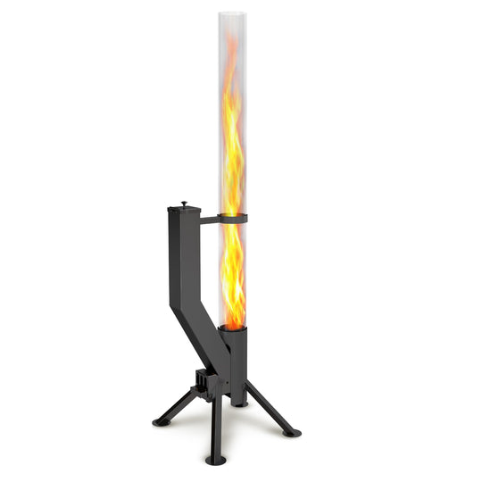 Gardenflare Premium Feuerrohr schwarz aus Edelstahl mit Flamme.