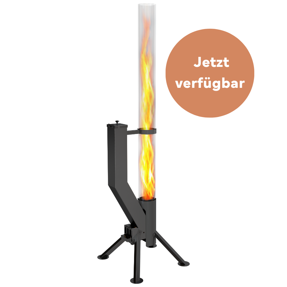 Premium Feuerrohr aus Edelstahl in schwarz mit Flamme, Aufschrift "Jetzt verfügbar" in einem runden Störer.