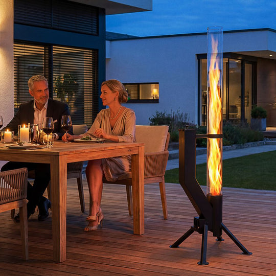 Tube de feu Premium en acier inoxydable noir sur une terrasse au crépuscule