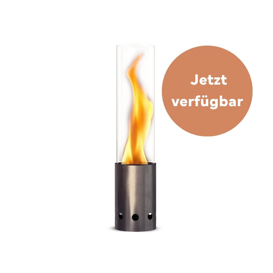Gardenflare Tischfeuer silber mit Flamme und Störer „Jetzt verfügbar“