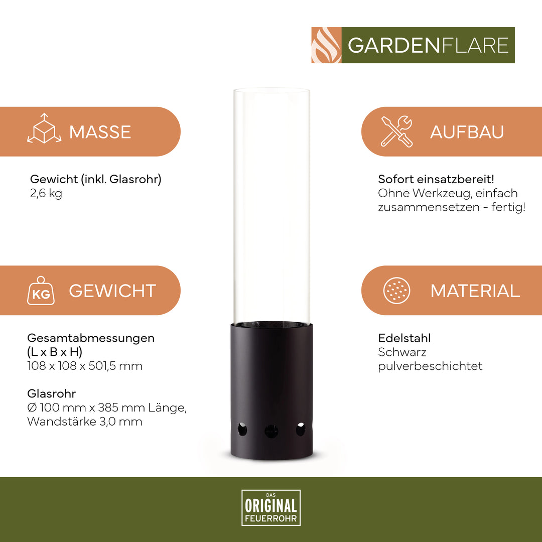 Gardenflare Tischfeuer schwarz – daneben technische Details zu Maßen, Gewicht, Aufbau und Material