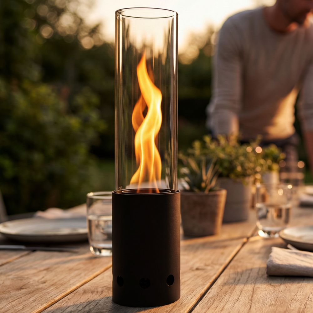 Gardenflare Tischfeuer Edelstahl schwarz auf einem gedeckten Gartentisch