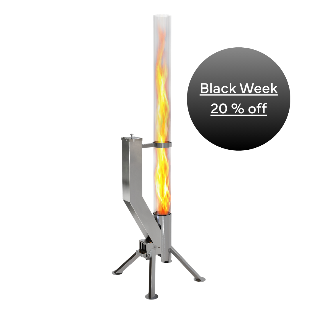 Premium Feueerrohr mit Edelstahlgehäuse und einer Flamme im Glaszylinder, daneben ein schwarzer Kreis mit „Black Week – 20 % off“.