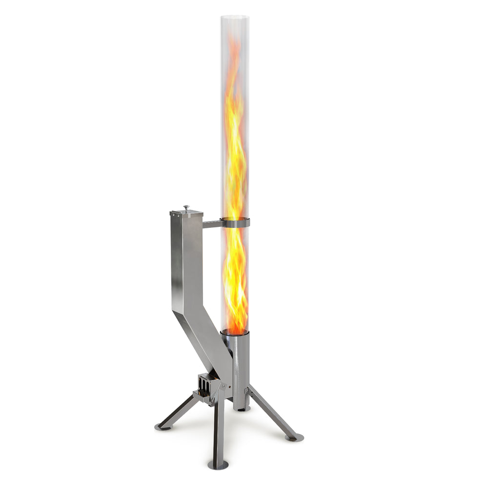 Gardenflare Premium Feuerrohr silber aus Edelstahl mit Flamme.