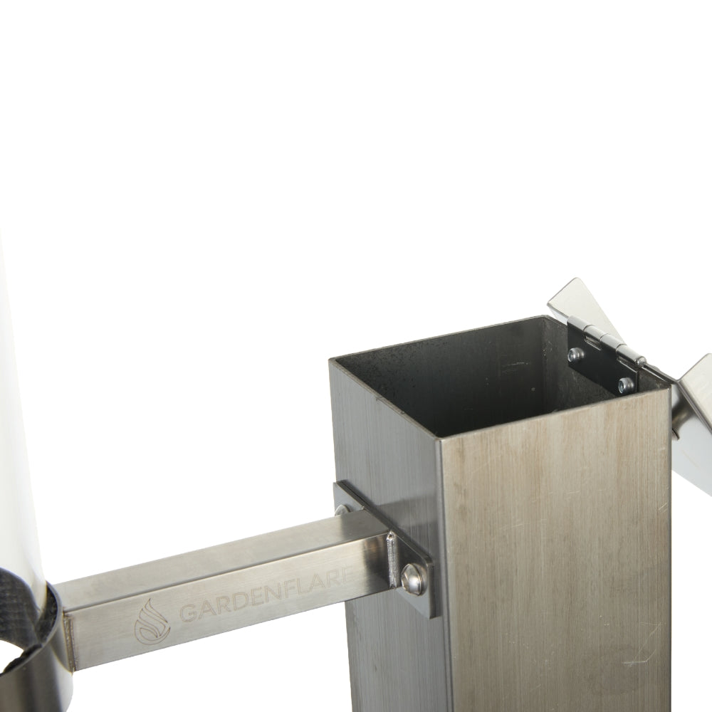 Gardenflare Premium stainless steel fire tube, close-up of holder and filler opening, white background