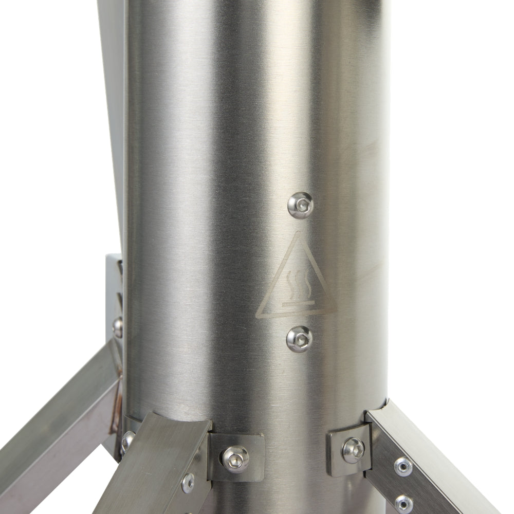 Gardenflare Premium stainless steel fire tube, close-up of combustion chamber and base, white background