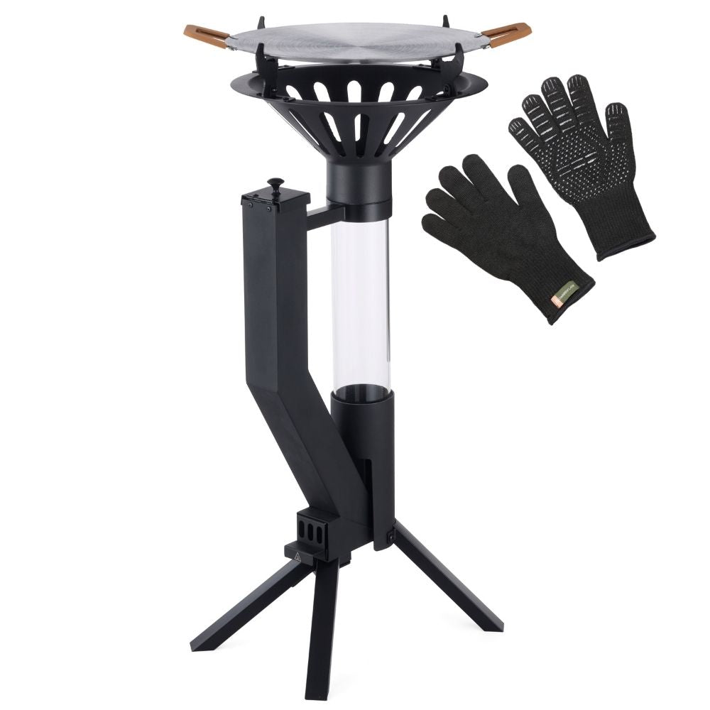 Gardenflare Grillset Schwarz mit Feuerrohr Klassik Schwarz Grillaufsatz und Grillhandschuhen