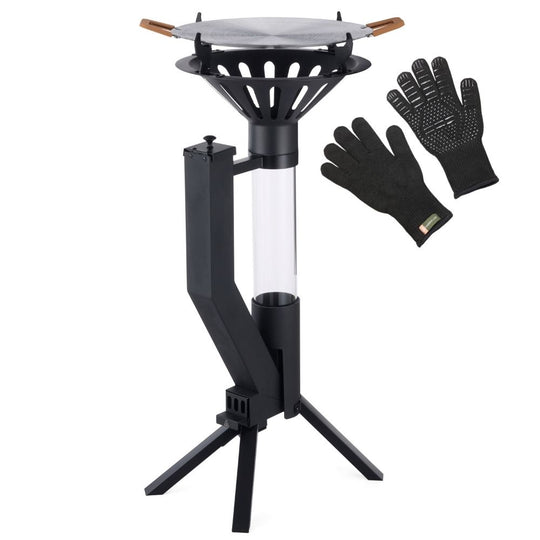 Gardenflare Grillset Schwarz mit Feuerrohr Klassik Schwarz Grillaufsatz und Grillhandschuhen