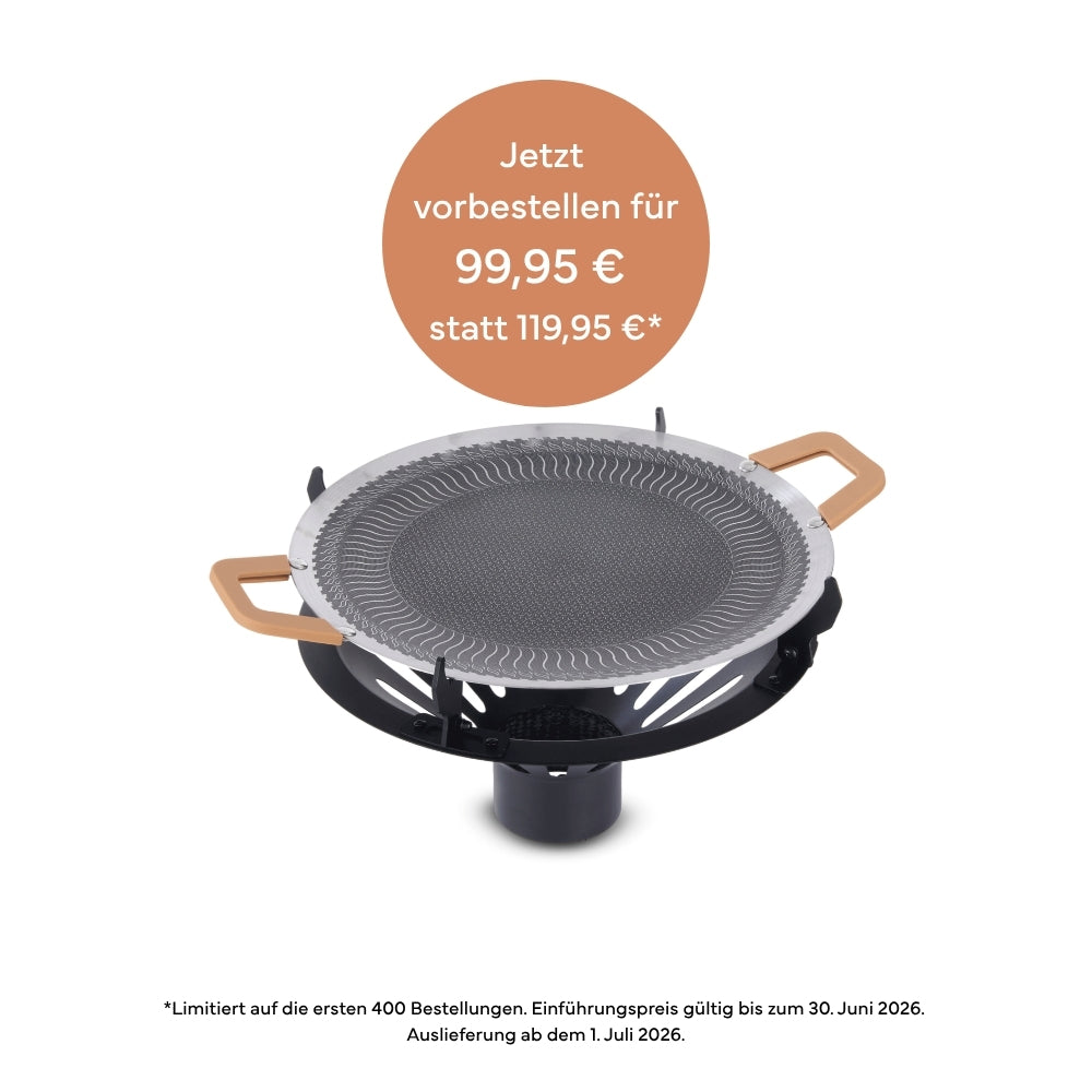 Gardenflare Grillaufsatz mit Outdoor Grillpfanne für das Klassik Feuerrohr inklusive Vorbesteller-Störer zum Einführungspreis von 99,95 € statt 119,95 € – limitiert auf die ersten 400 Bestellungen.