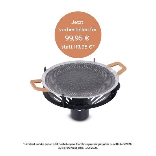 Gardenflare Grillaufsatz mit Outdoor Grillpfanne für das Klassik Feuerrohr inklusive Vorbesteller-Störer zum Einführungspreis von 99,95 € statt 119,95 € – limitiert auf die ersten 400 Bestellungen.