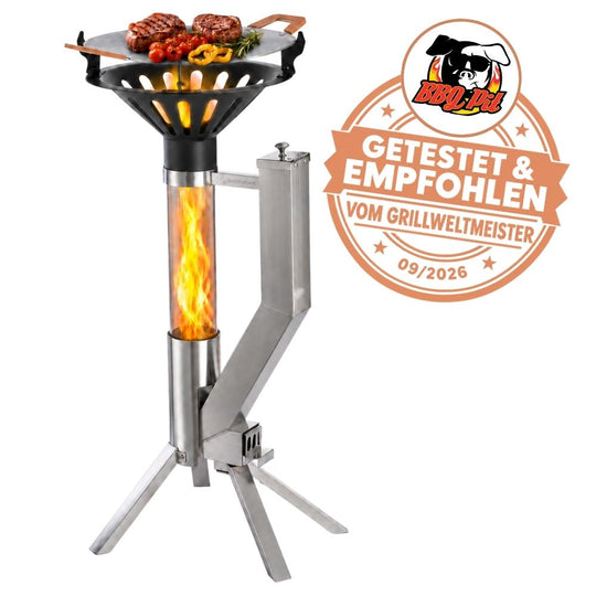 Gardenflare Tube de feu classique argenté avec accessoire grill et label BBQPit