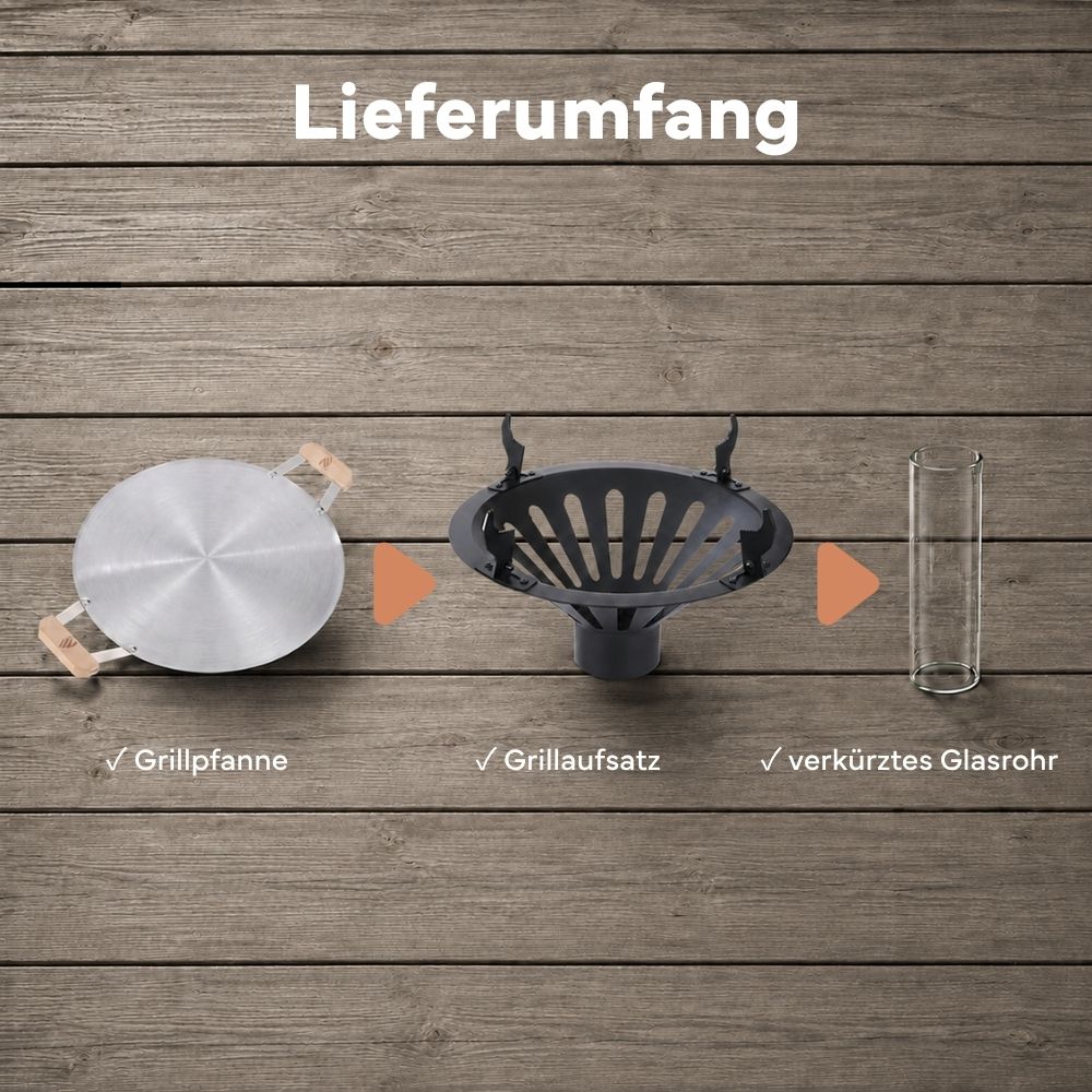 Lieferumfang des Gardenflare Grillaufsatzes mit Grillpfanne, Grillaufsatz und verkürztem Glasrohr.