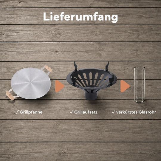 Lieferumfang des Gardenflare Grillaufsatzes mit Grillpfanne, Grillaufsatz und verkürztem Glasrohr.