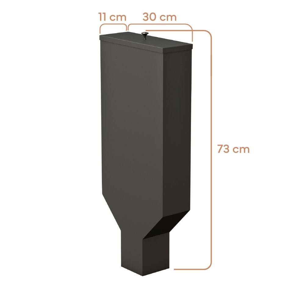 Schwarzer Zusatztank für das Gardenflare XXL Feuerrohr mit den Maßen 73 × 30 × 11 cm.