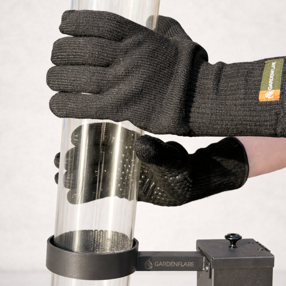 Gardenflare barbecue and heat glove when holding a glass tube on the fire tube