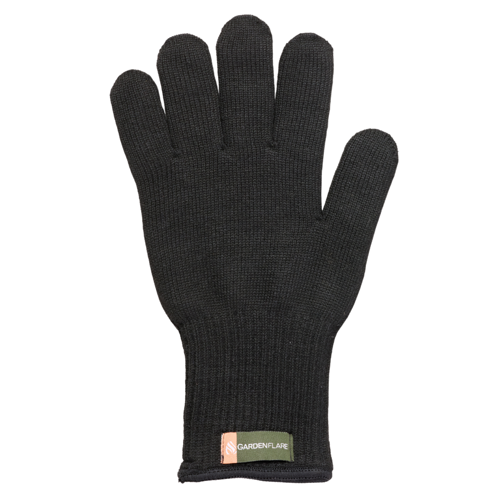 Schwarzer Gardenflare Hitzeschutzhandschuh, Ansicht der Oberseite mit grün-orangefarbenem Logoetikett.
