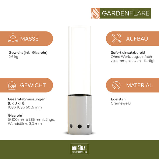 Gardenflare Tischfeuer weiss – daneben technische Details zu Maßen, Gewicht, Aufbau und Material
