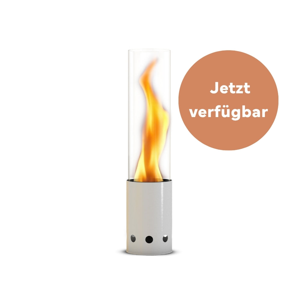 Gardenflare Tischfeuer weiß mit Flamme und Störer „Jetzt verfügbar“
