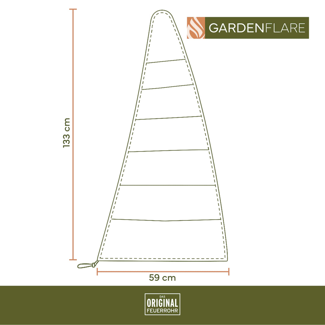 Dimensions of the Gardenflare Classic cover as an illustration with Gardenflare logo.