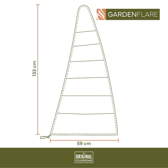 Dimensions of the Gardenflare Classic cover as an illustration with Gardenflare logo.
