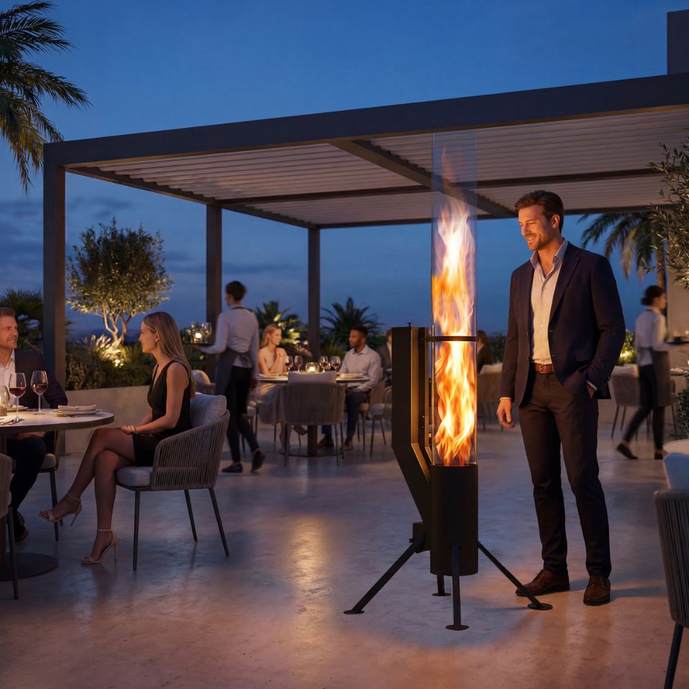 Gardenflare XXL Feuerrohr Edelstahl schwarz als Blickfang im Außenbereich eines Restaurants