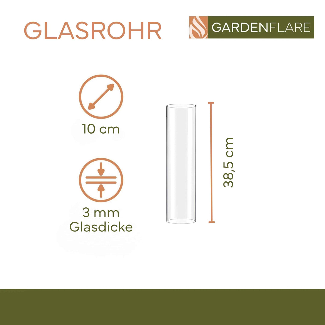 Tube en verre de rechange Gardenflare pour feu de table – Plan coté avec dimensions et épaisseur du verre