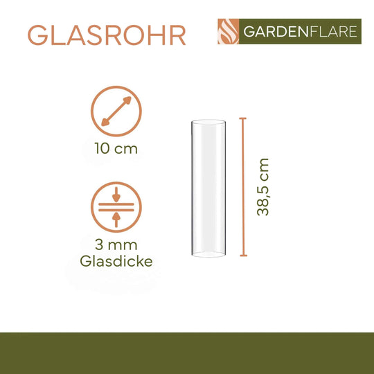 Tube en verre de rechange Gardenflare pour feu de table – Plan coté avec dimensions et épaisseur du verre