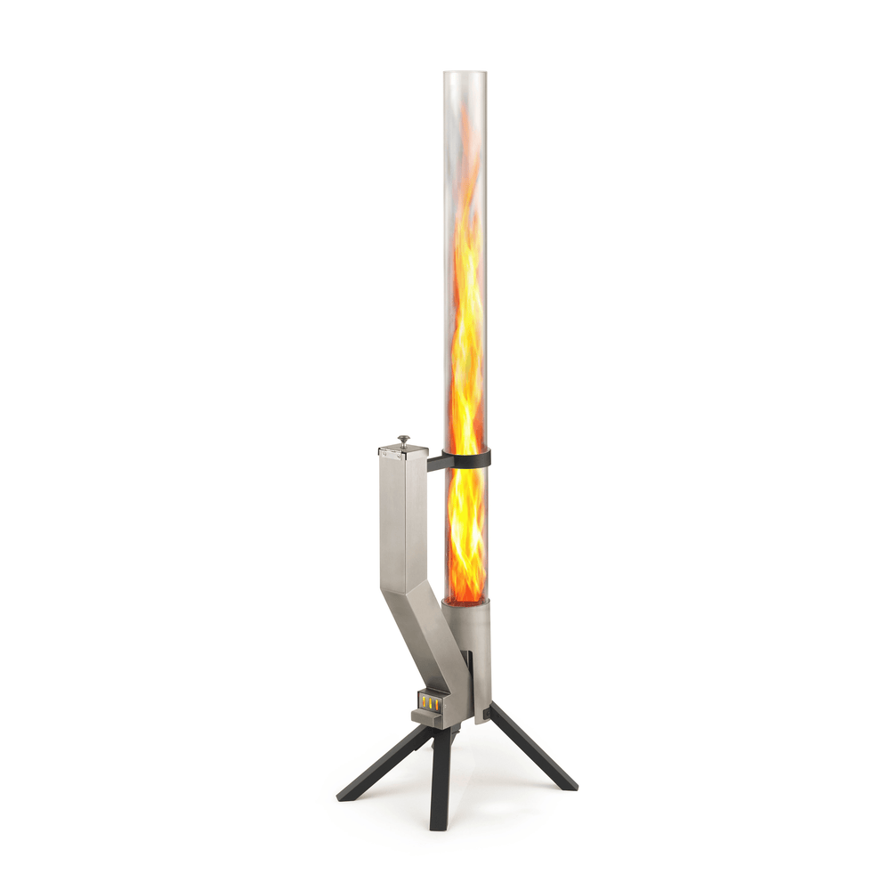 Gardenflare Feuerrohr Multicolor – Edelstahl mit schwarzen Standfüßen, saubere Flamme bis 1 m Höhe im Glasrohr.