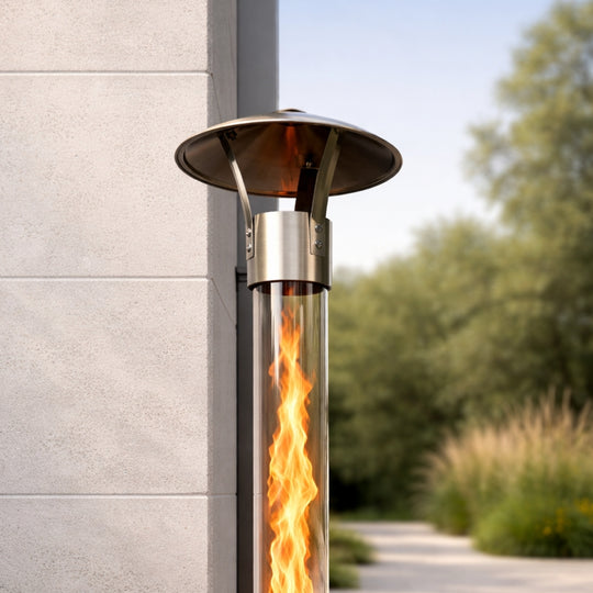 Tube de feu Gardenflare Premium Pare-étincelles en action avec flamme visible dans le tube en verre
