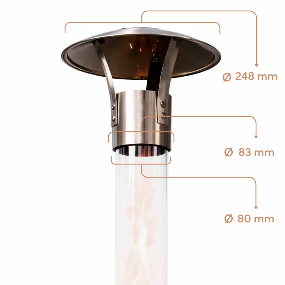 Technische Zeichnung des Gardenflare Klassik Feuerrohr Funkenfängers für Glasrohre mit 80 mm Durchmesser (Ø 248 mm Schirm, Ø 83 mm Aufnahme)