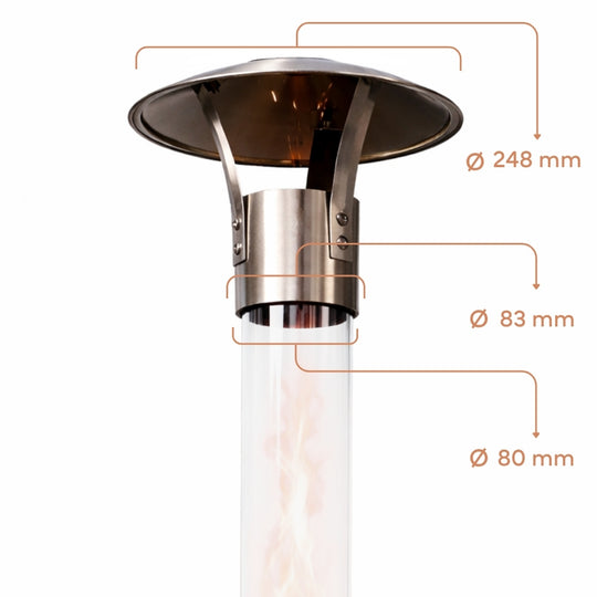 Technische Zeichnung des Gardenflare Klassik Feuerrohr Funkenfängers für Glasrohre mit 80 mm Durchmesser (Ø 248 mm Schirm, Ø 83 mm Aufnahme)