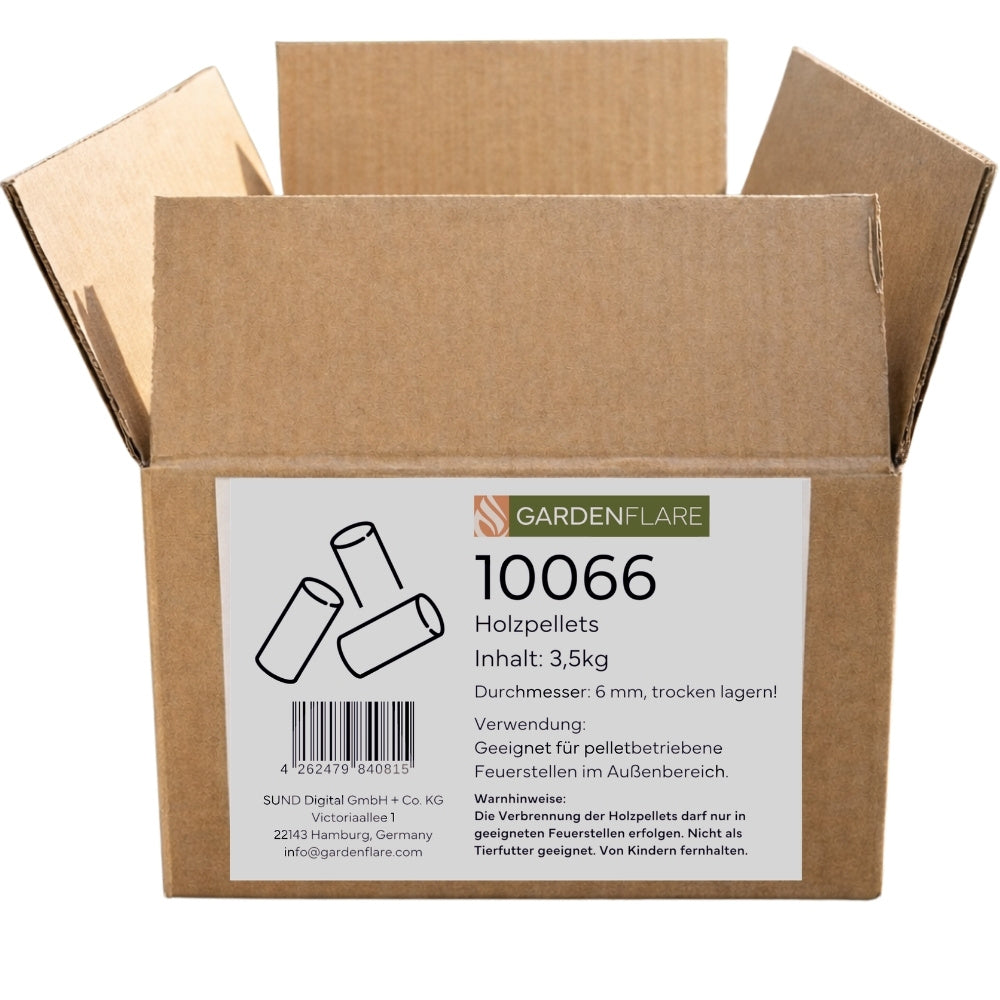 Gardenflare Premium Holzpellets 3,5 kg Starter Pack in Kartonverpackung für pelletbetriebene Feuerstellen im Außenbereich