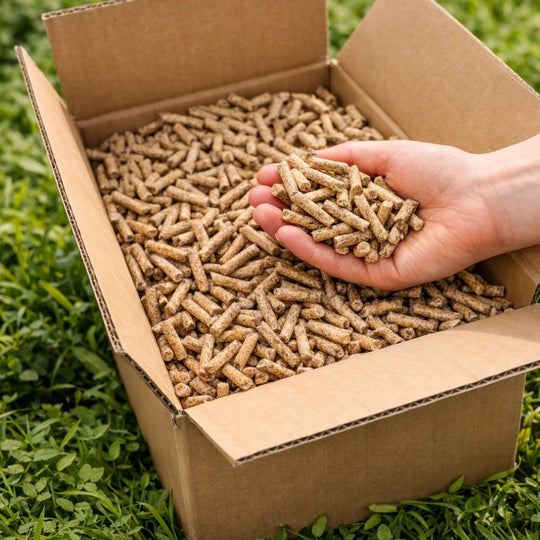 Hand hält Gardenflare Premium Holzpellets über geöffneter Kartonbox mit 3,5 kg Holzpellets für pelletbetriebene Feuerstellen im Außenbereich