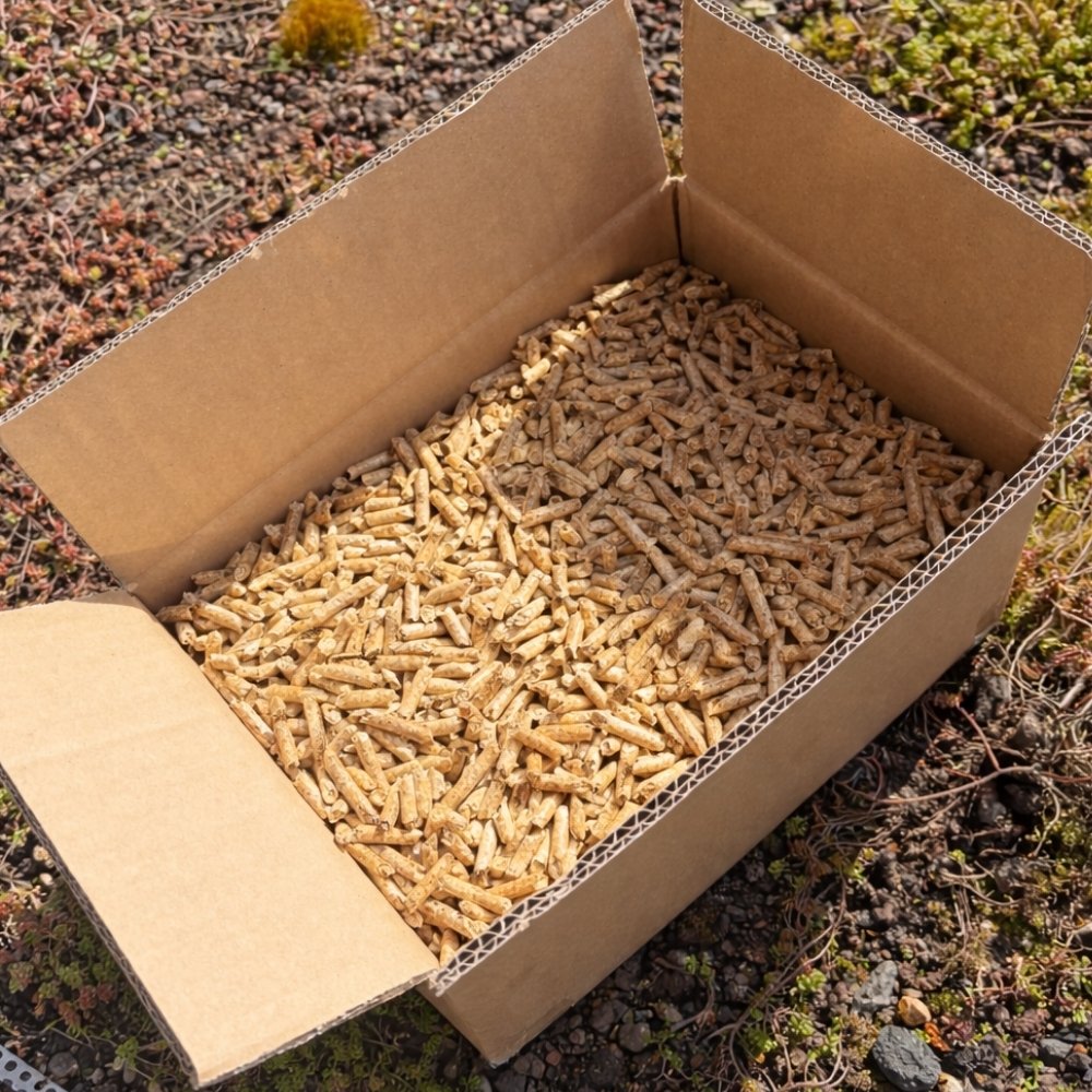Offene Kartonbox mit Gardenflare Premium Holzpellets 3,5 kg im Außenbereich auf Naturboden, Brennstoff für pelletbetriebene Feuerstellen